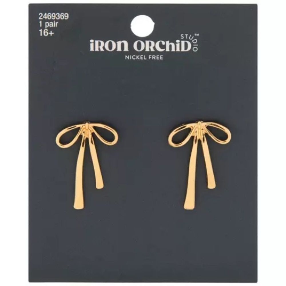 New! Iron Orchid Studio Goldtone Metal Bow Earrings NWT